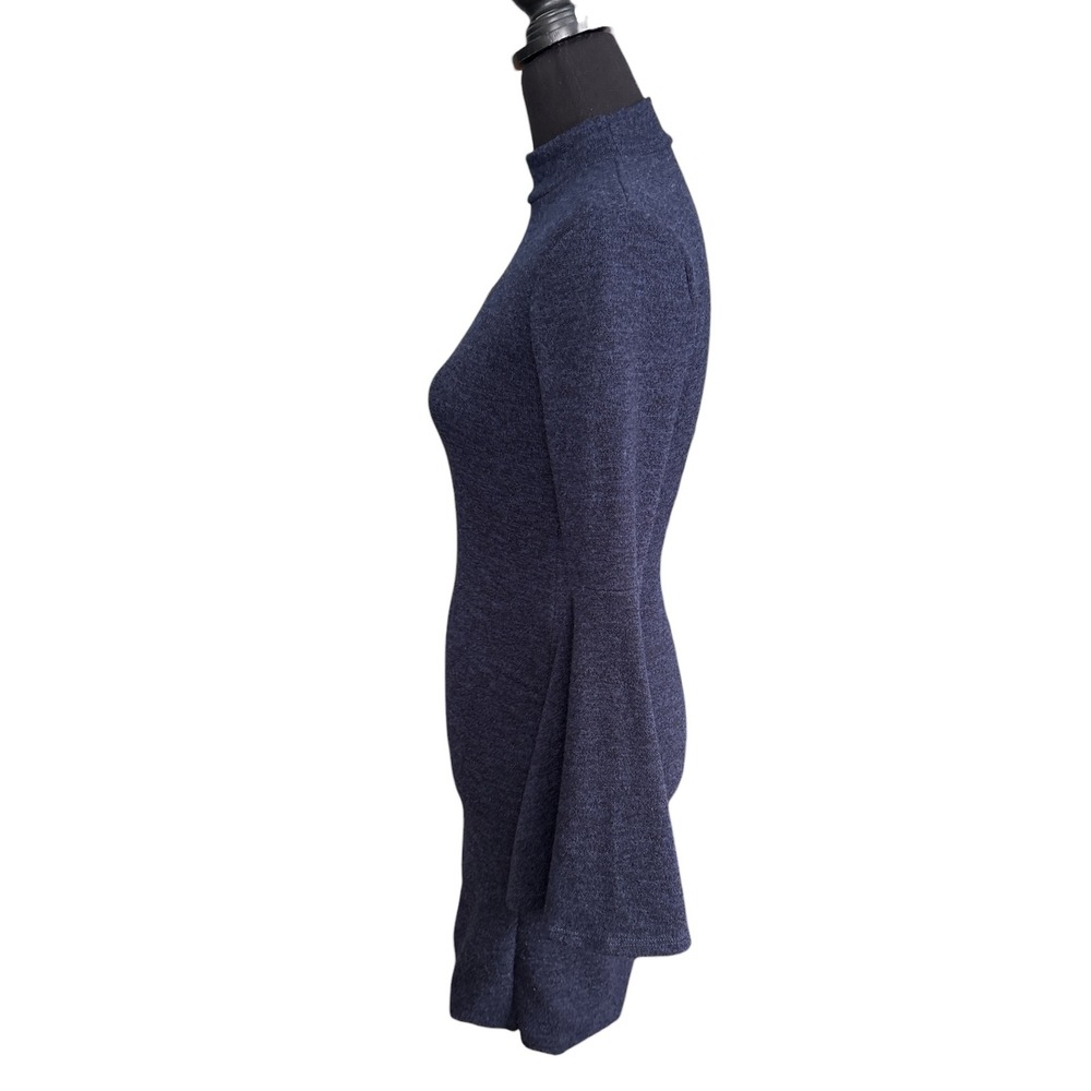 Vijo Couture Navy Mock Neck Bodycon Sweater Mini Dress With Bell Sleeves, Small - Picture 2 of 5